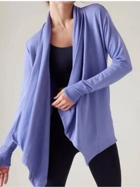 Athleta Pranayama Wrap Cardigan Purple Modal Blend Open Front Pockets Size Med